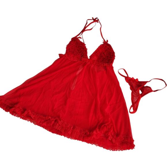 NWT Sexy Leg Ave Ruffle Sheer Mesh Red Lace Wireless Babydoll Lingerie 2pc O/S - Picture 5 of 9